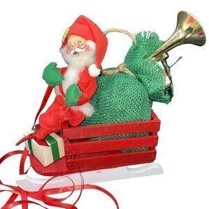 VTG HTF 1980 Annalee Mobilitee Santa Wood Sleigh Gifts Bag French Horn Red Green
